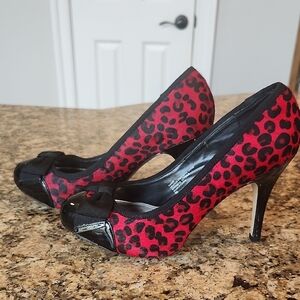 White‎ House Black Market Red and Black Heels with Leopard Print